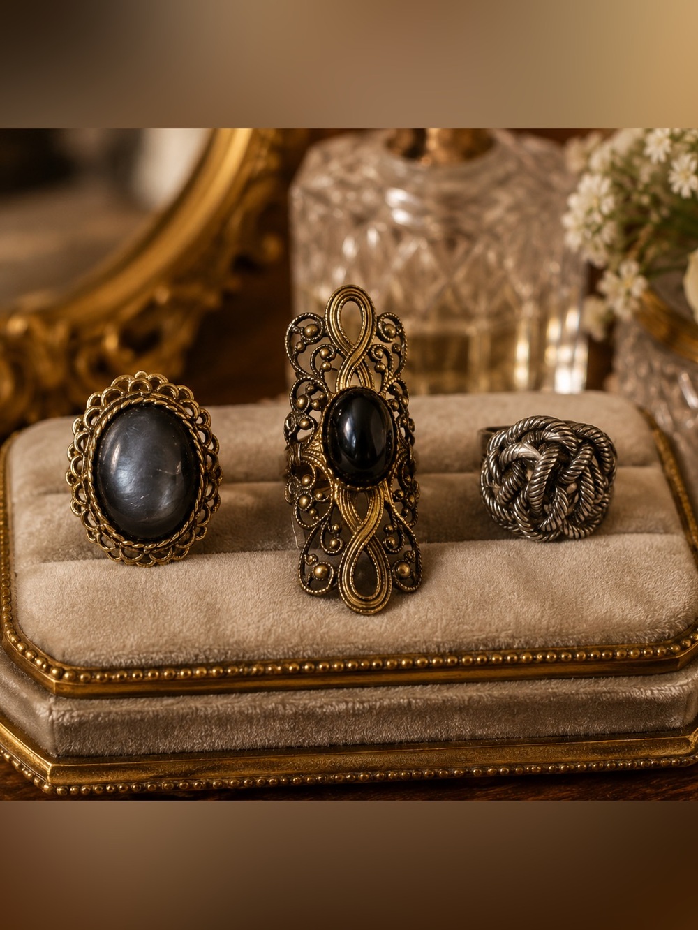 Vintage Statement Ring Lot Adjustable Black Cabochon Gold & Silver Tone Rings